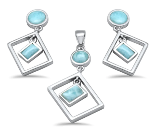 Round & Rectangle Natural Larimar Dangling .925 Sterling Silver Pendant & Earrings Set