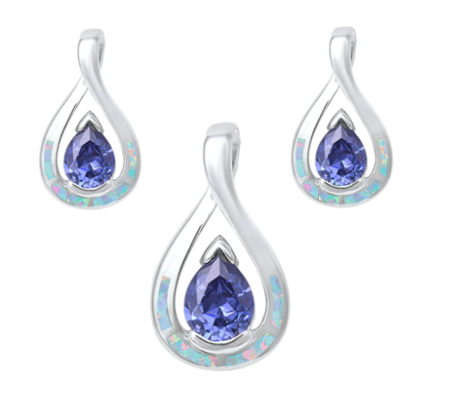 Pear Shape Tanzanite & White Opal Earrings & Pendant Set .925 Sterling Silver Earrings