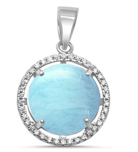 Natural Larimar & Cubic Zirconia .925 Sterling Silver Pendant