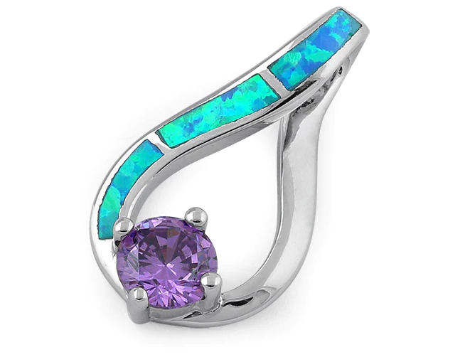 Sterling Silver Twist Blue Lab Opal & Amethyst Round Cut CZ Pendant