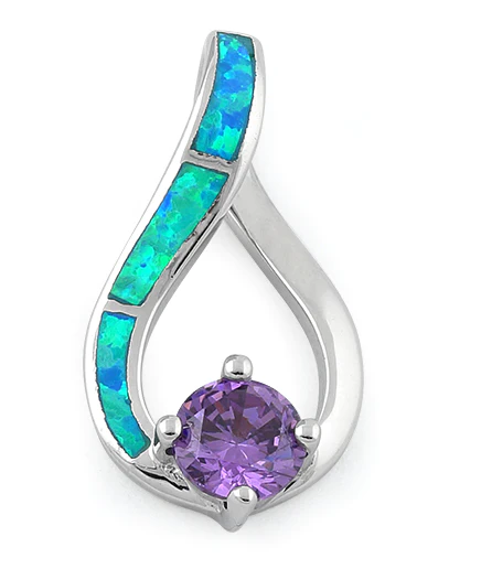 Sterling Silver Twist Blue Lab Opal & Amethyst Round Cut CZ Pendant