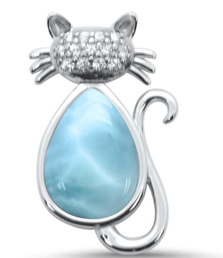 Natural Larimar & Cz Cat .925 Sterling Silver Pendant