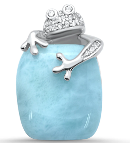 Natural Larimar & Cz Frog .925 Sterling Silver Pendant