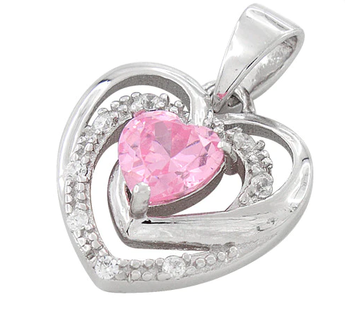 Sterling Silver Precious Heart Pink CZ Pendant