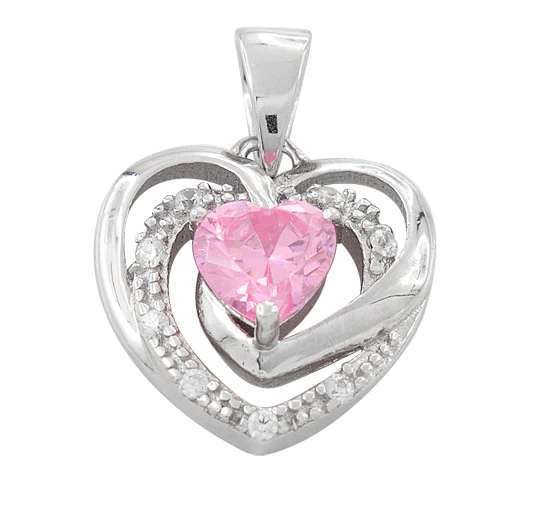 Sterling Silver Precious Heart Pink CZ Pendant