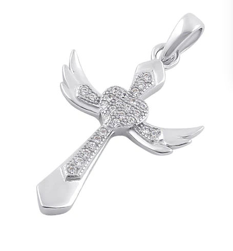 Sterling Silver Winged Cross Clear CZ Pendant