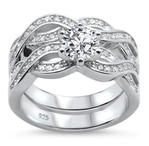 Round Infinity Twisted Band Engagement .925 Sterling Silver Ring Set