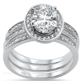 Oval Three Piece Engagement .925 Sterling Silver Bridal Ring Set