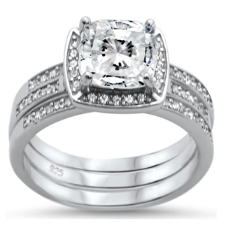 Cushion Cut 3 Piece Engagement .925 Sterling Silver Ring Set