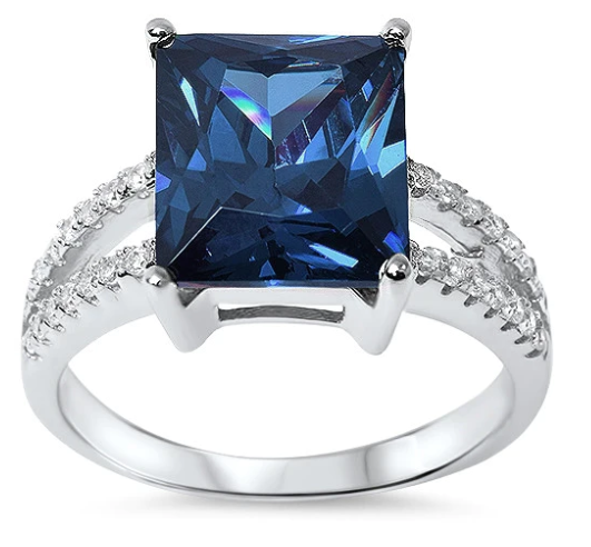 Radiant Cut Blue Sapphire & Cz .925 Sterling Silver Ring