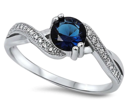 Round Blue Sapphire & White Cz .925 Sterling Silver Ring