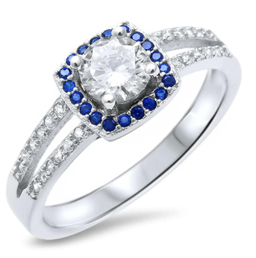 Round Solitaire Cubic Zirconia & Sapphire .925 Sterling Silver Ring