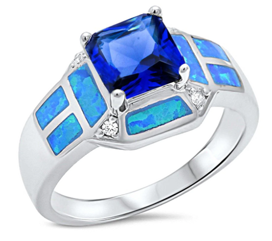 Princess Cut Blue Sapphire, Blue Opal & Cz .925 Sterling Silver Ring