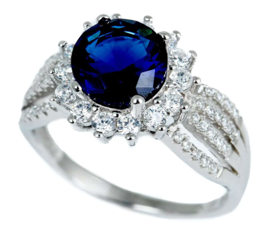 Halo Style Blue Sapphire & Cz .925 Sterling Silver Ring