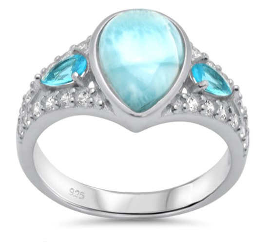 Pear Shaped Larimar, Cubic Zirconia & Blue Topaz .925 Sterling Silver Ring