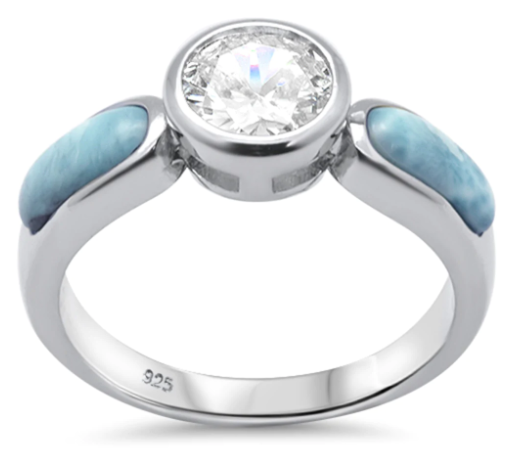 Natural Larimar & CZ .925 Sterling Silver Ring