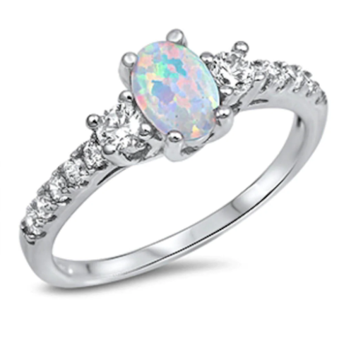 Oval White Opal & Cubic Zirconia .925 Sterling Silver Ring