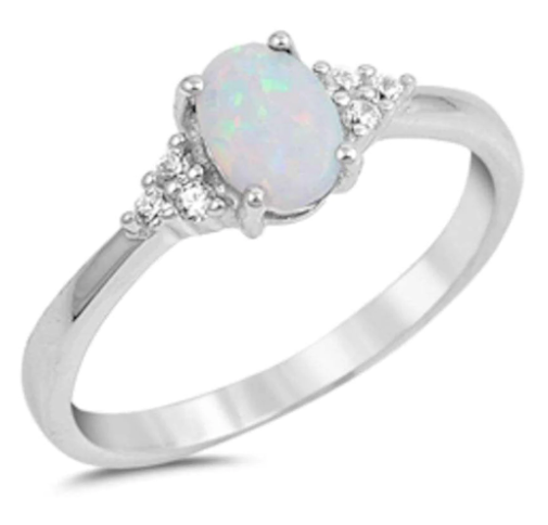 Oval White Opal & Round Cz .925 Sterling Silver Ring