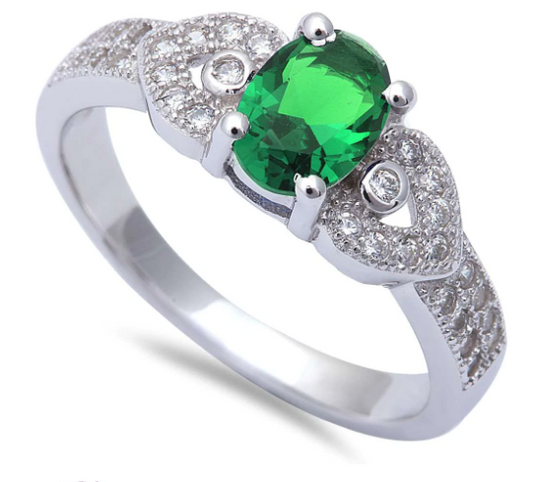 Oval Green Emerald & Micro Pave Cz Fashion .925 Sterling Silver Ring