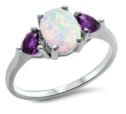 Oval White Opal & Heart Shape Amethyst .925 Sterling Silver Ring