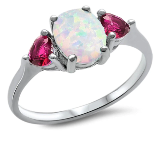 Oval White Opal & Ruby Heart .925 Sterling Silver Ring