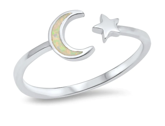 White Opal Wraparound Moon And Star .925 Sterling Silver Ring