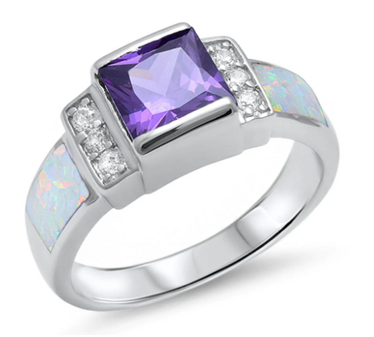 Amethyst, White Opal, & Cz .925 Sterling Silver Ring Sizes 5-10