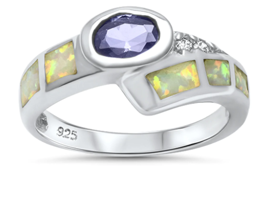 White Opal and Amethyst .925 Sterling Silver Ring