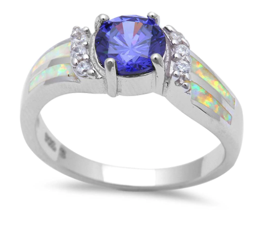 Tanzanite, White Opal & Cubic Zirconia Fashion .925 Sterling Silver Ring