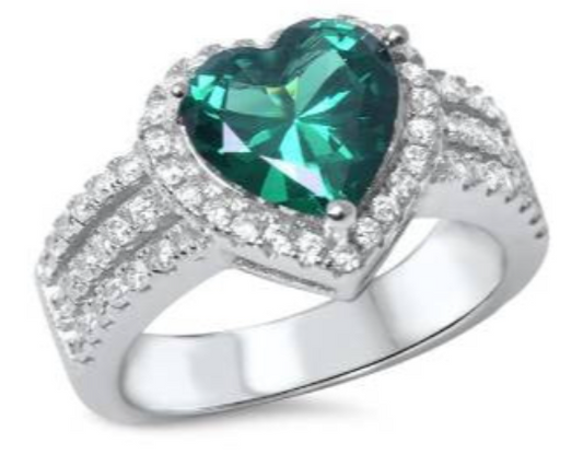 Heart-Shaped Emerald & Cz .925 Sterling Silver Ring