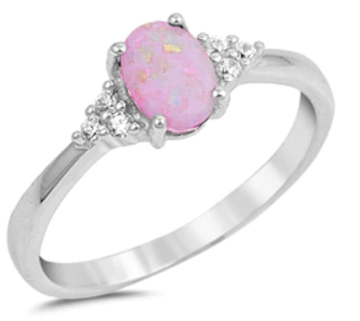 Oval Pink Opal & Round Cz .925 Sterling Silver Ring