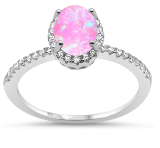 Oval Pink Opal & Cubic Zirconia .925 Sterling Silver Ring