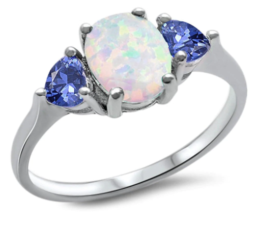 Oval White Opal & Tanzanite Heart .925 Sterling Silver Ring