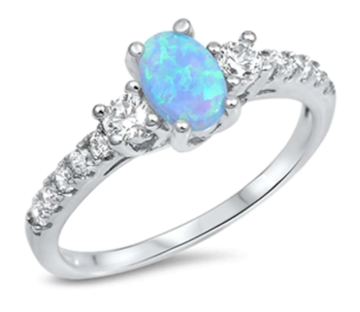 Oval Light Blue Opal & Cubic Zirconia .925 Sterling Silver Ring