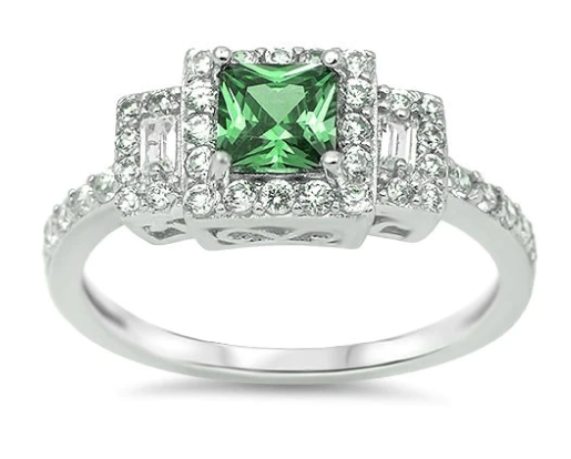 Emerald & Cz .925 Sterling Silver Ring