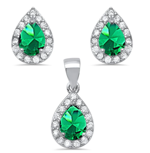 Pear Shape Emerald & Cz .925 Sterling Silver Earring & Pendant Jewelry Set