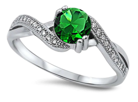 Round Green Emerald & White Cz .925 Sterling Silver Ring