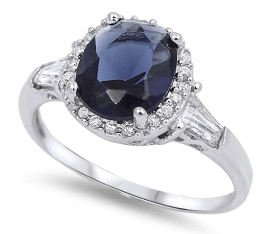 Oval Shape Blue Sapphire & Cz .925 Sterling Silver Ring