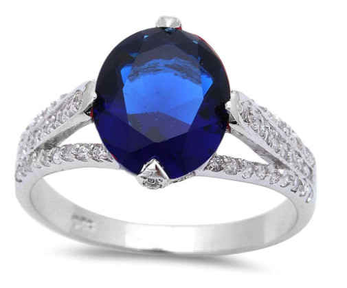 Sterling Silver 4ct Oval Cut Blue Sapphire & Cz Ring